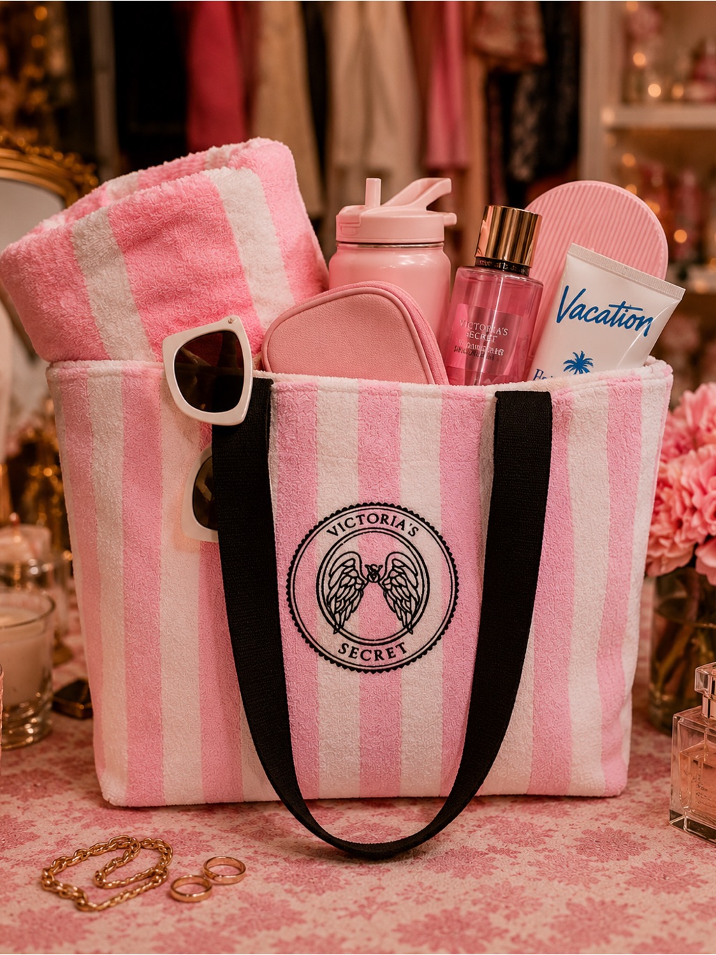 Viral Victoria's Secret Pink & White Striped Terry Tote Perfect 4 Summer!Nwt